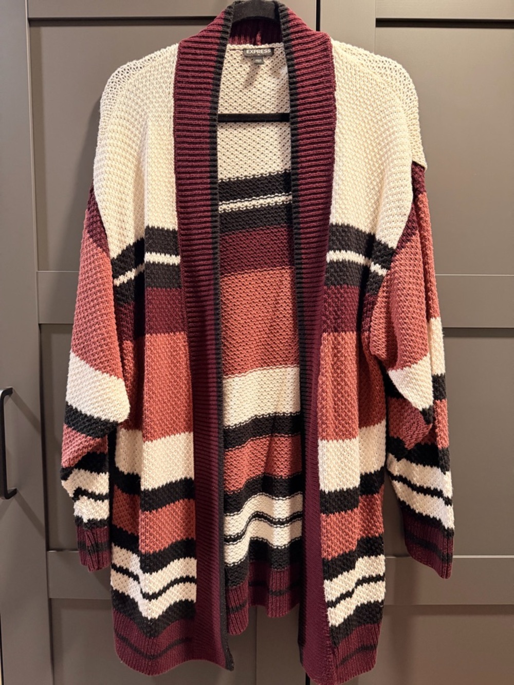 Express Maroon, White, Mauve & Black Striped Open Cardigan